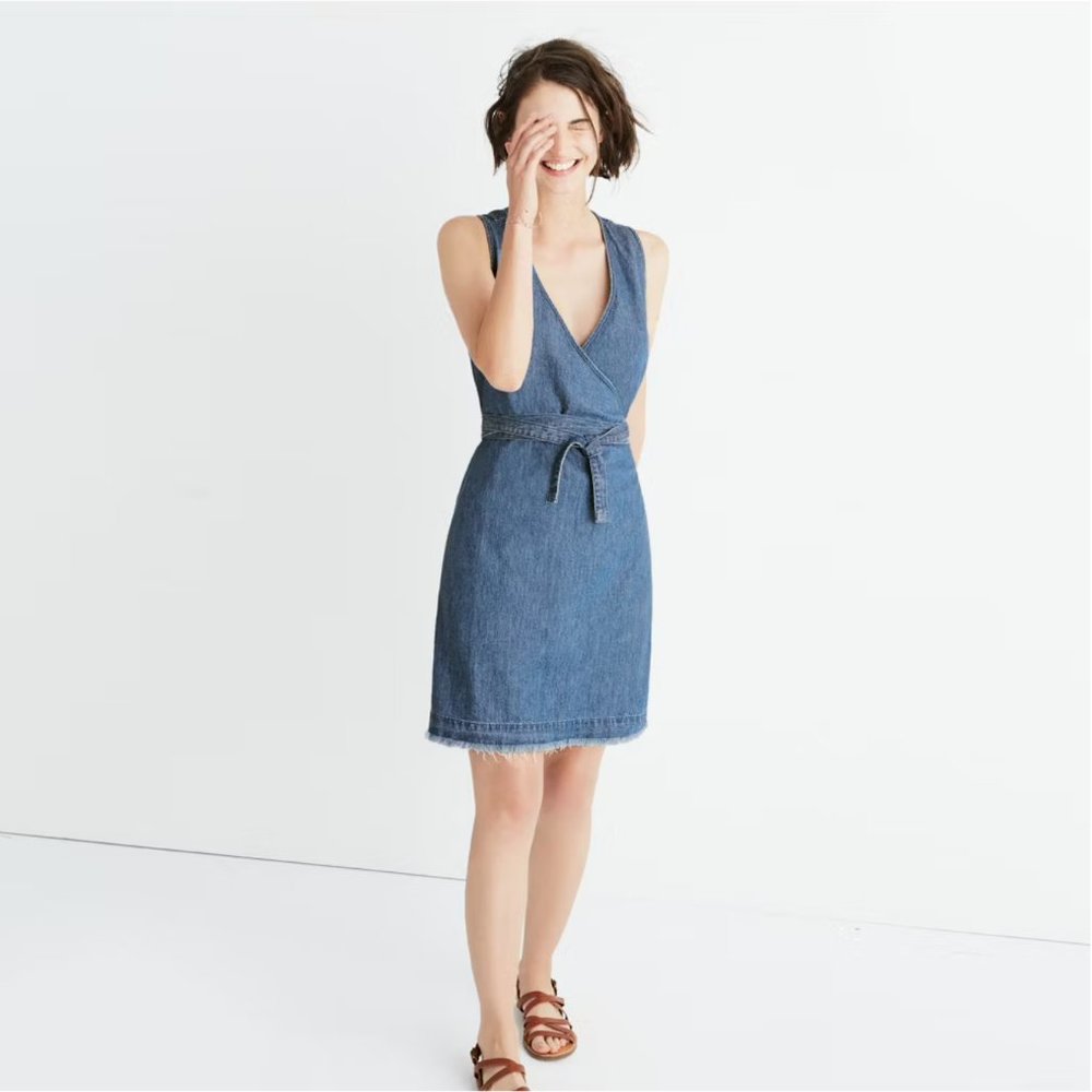Madewell Denim Frayed Raw Hem Wrap Dress Size S